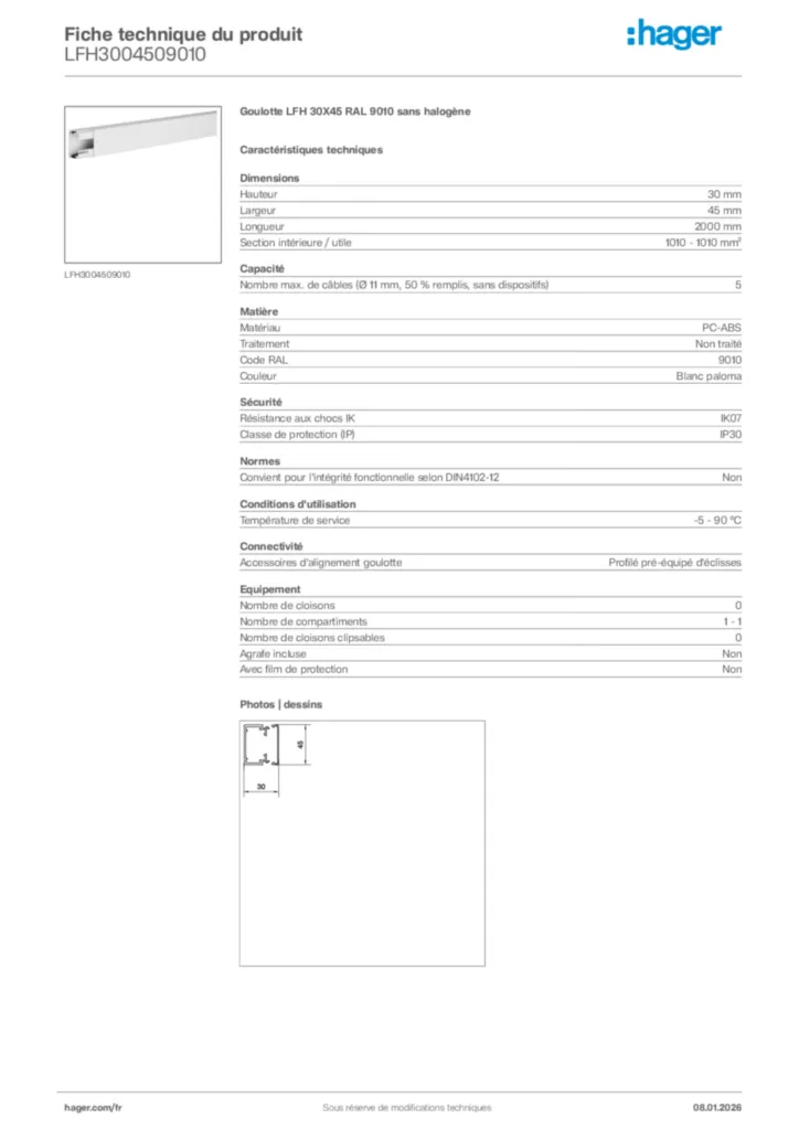 Image Hager Fiche technique du produit LFH3004509010 | Hager France