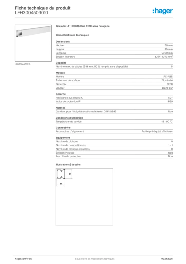 Image Hager Fiche technique du produit LFH3004509010 | Hager Suisse
