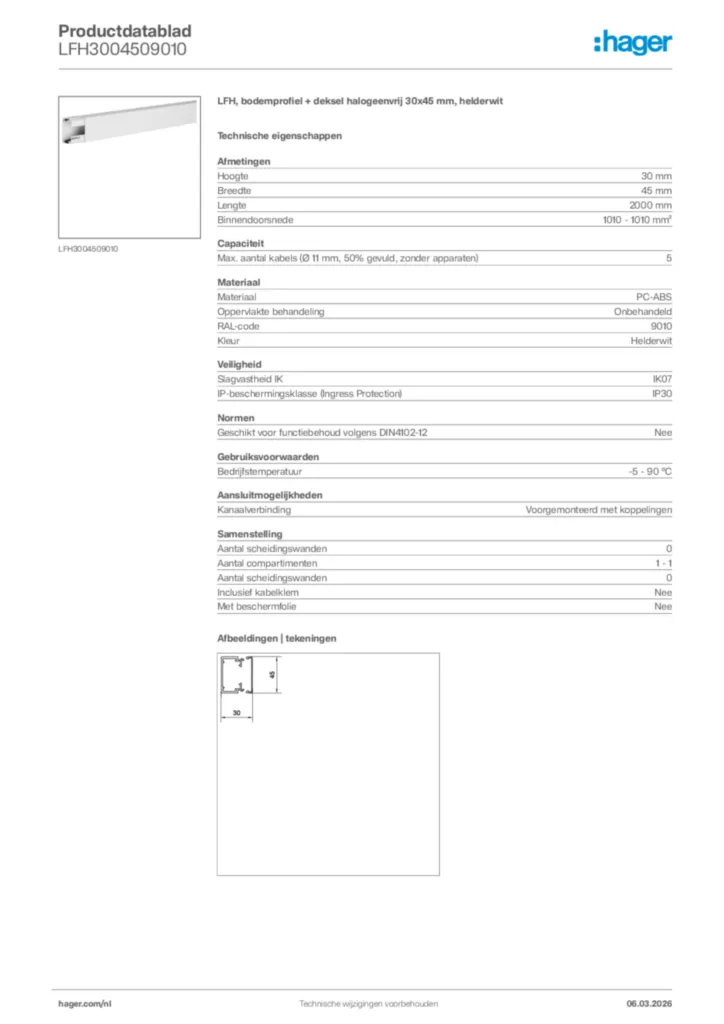 Afbeelding Hager Productdatablad LFH3004509010 | Hager Nederland