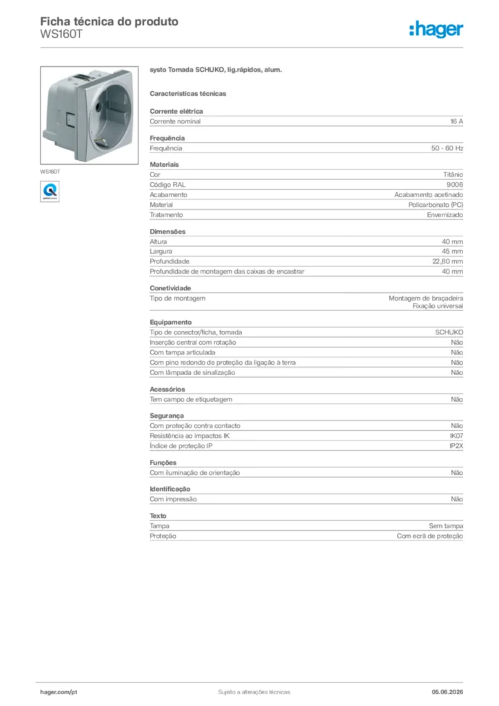 Imagem Hager Ficha técnica do produto WS160T | Hager Portugal