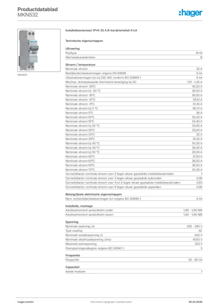 Afbeelding Hager Productdatablad MKN532 | Hager Nederland