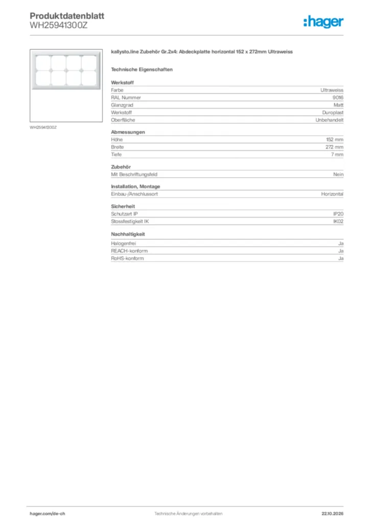 Bild Hager Produktdatenblatt WH25941300Z | Hager Schweiz