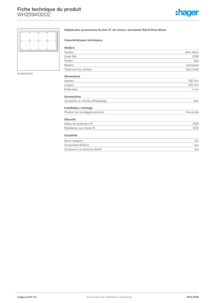 Image Hager Fiche technique du produit WH25941300Z | Hager Suisse