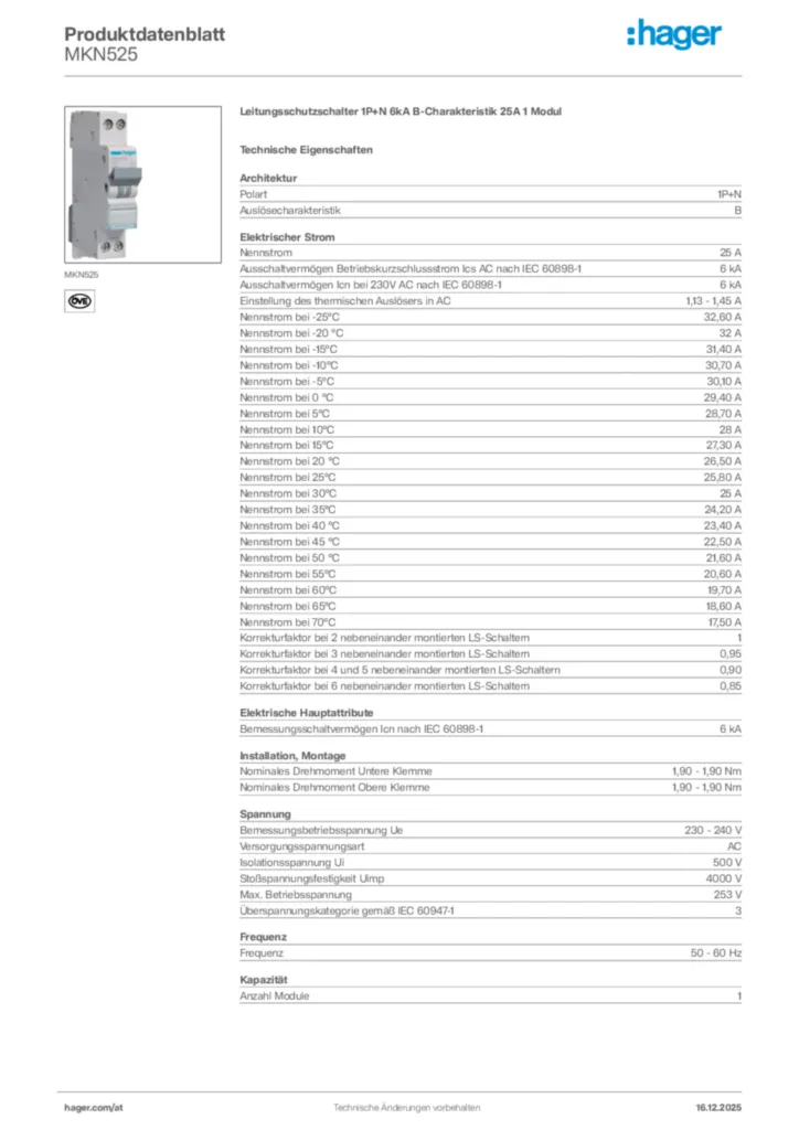 Bild Hager Produktdatenblatt MKN525 | Hager Deutschland