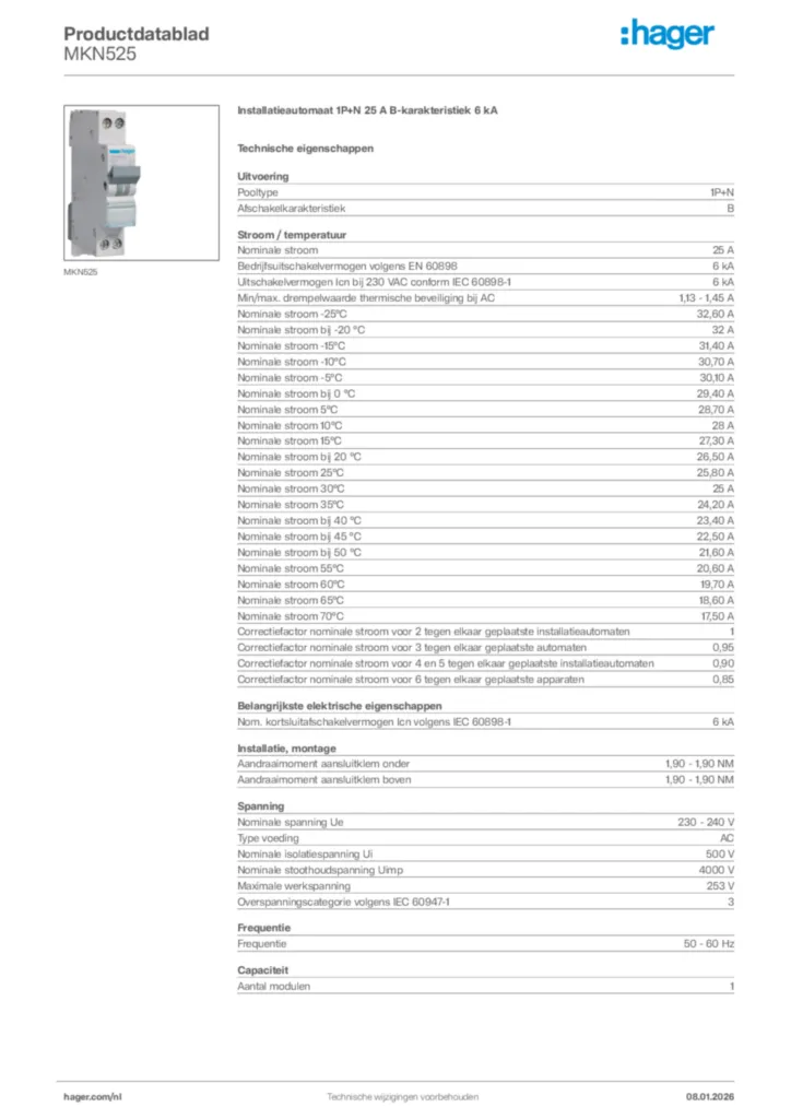 Afbeelding Hager Productdatablad MKN525 | Hager Nederland