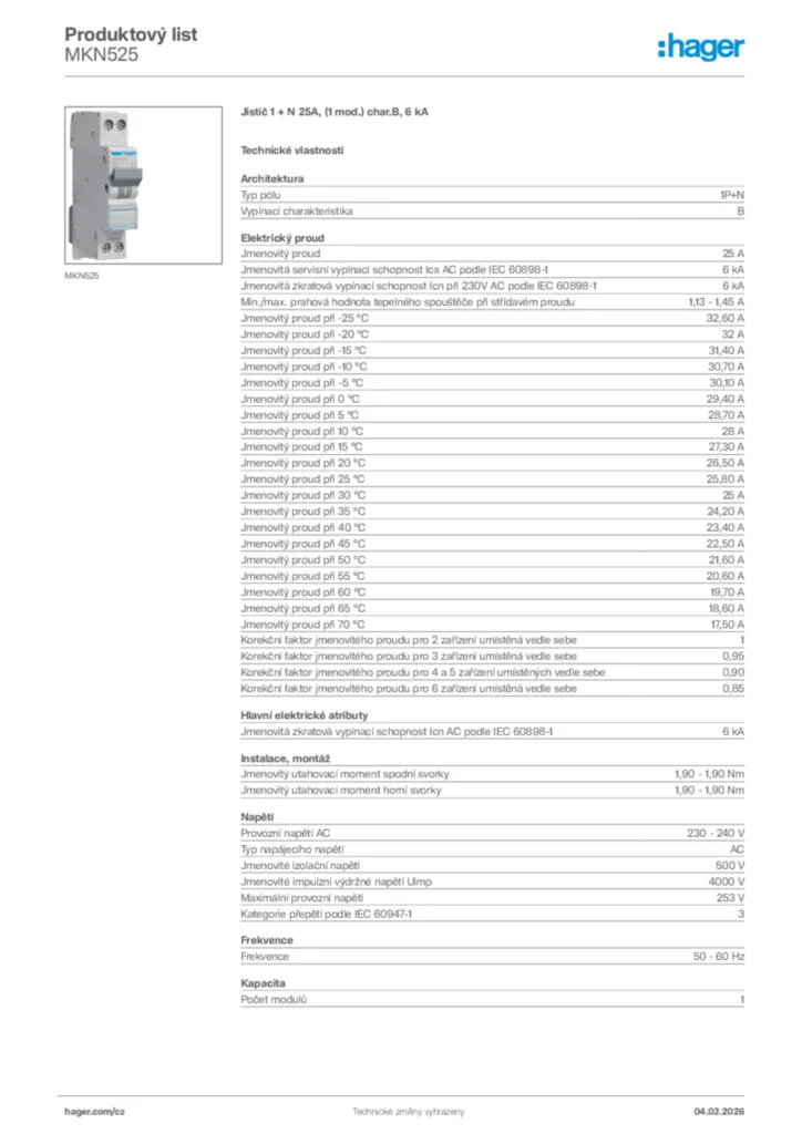 Obrázek Hager Product data sheet MKN525 | Hager