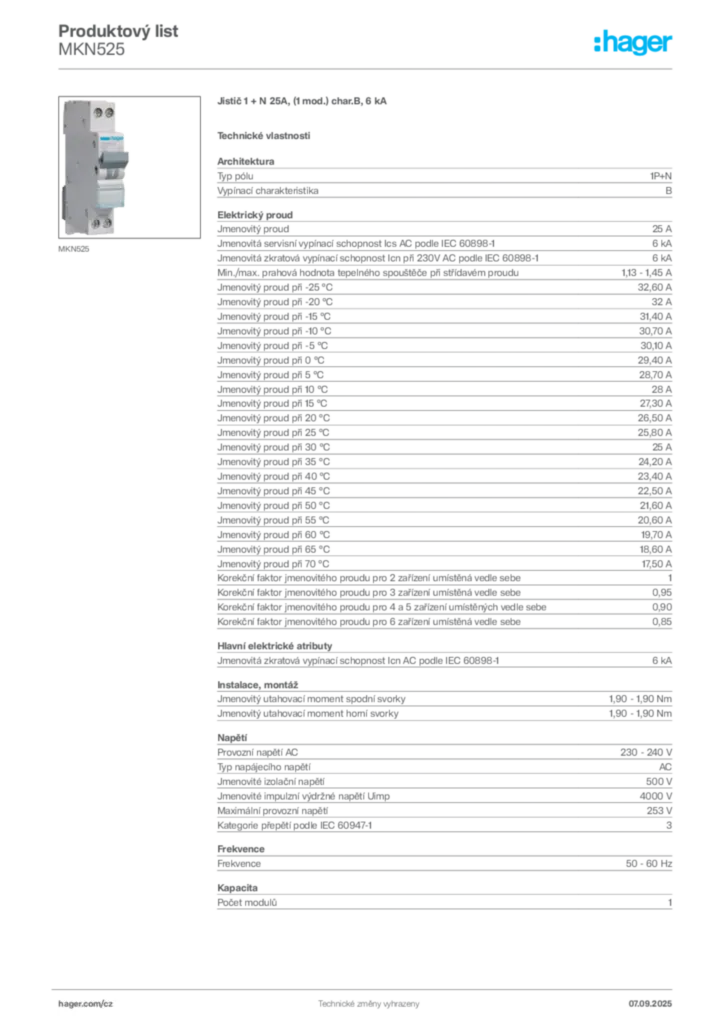 Obrázek Hager Produktový list MKN525 | Hager