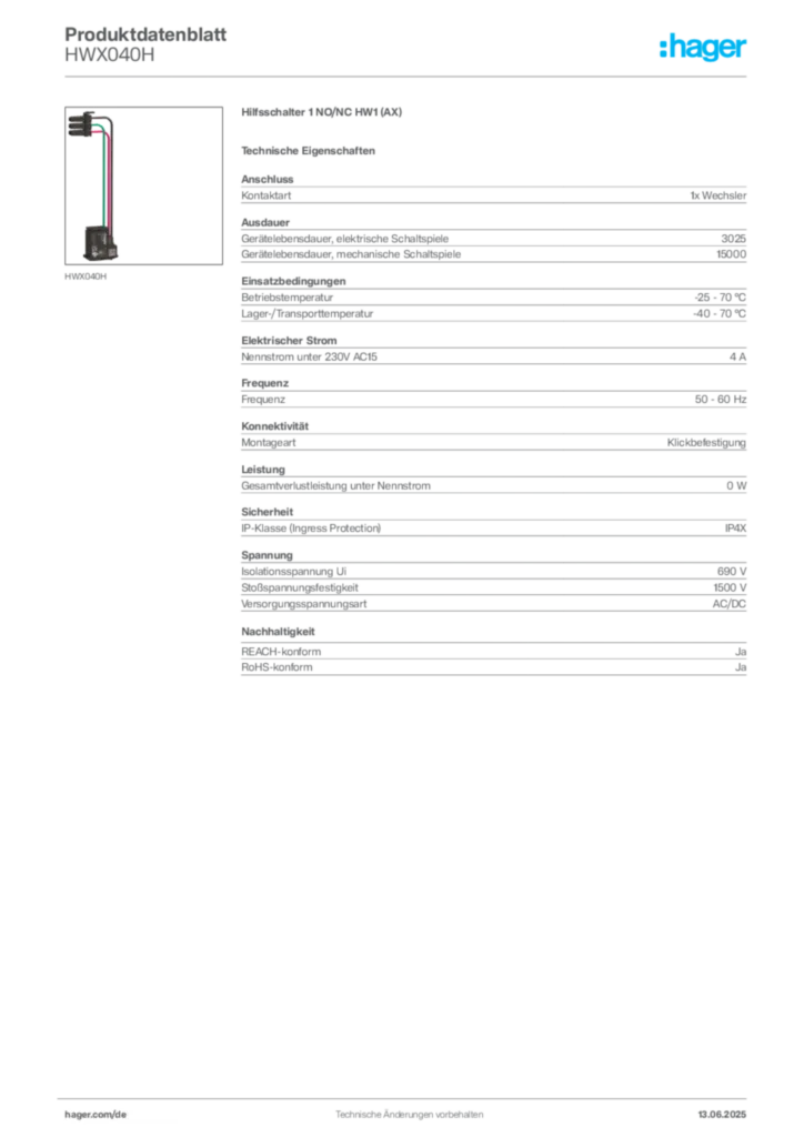 Bild Hager Produktdatenblatt HWX040H | Hager Deutschland