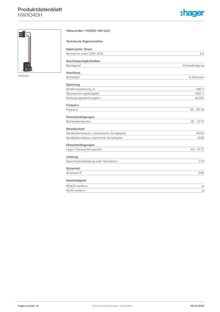 Bild Hager Produktdatenblatt HWX040H | Hager Schweiz
