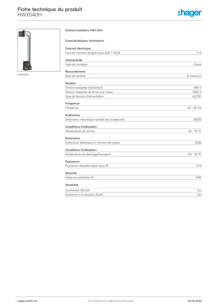 Image Hager Fiche technique du produit HWX040H | Hager Suisse