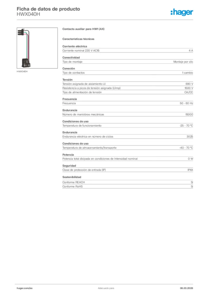 Imagen Hager Ficha de datos de producto HWX040H | Hager España