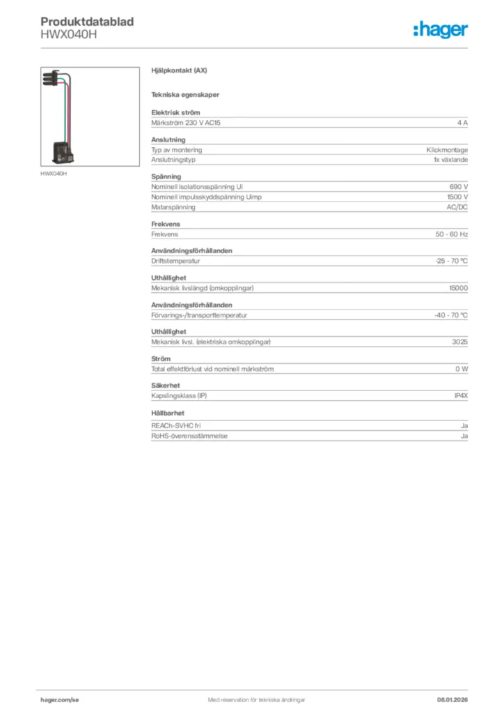 Bild Hager Produktdatablad HWX040H | Hager Sverige