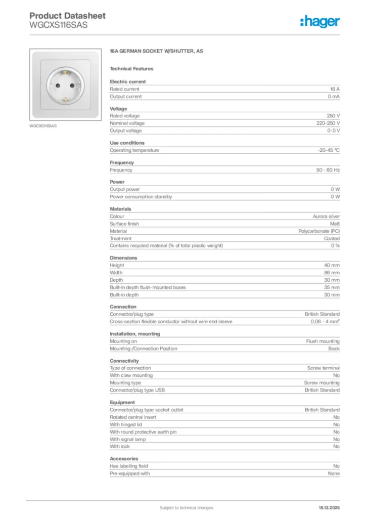 Image Hager Product data sheet WGCXS116SAS  | Hager