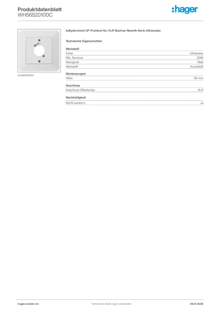 Bild Hager Produktdatenblatt WH56520100C | Hager Schweiz