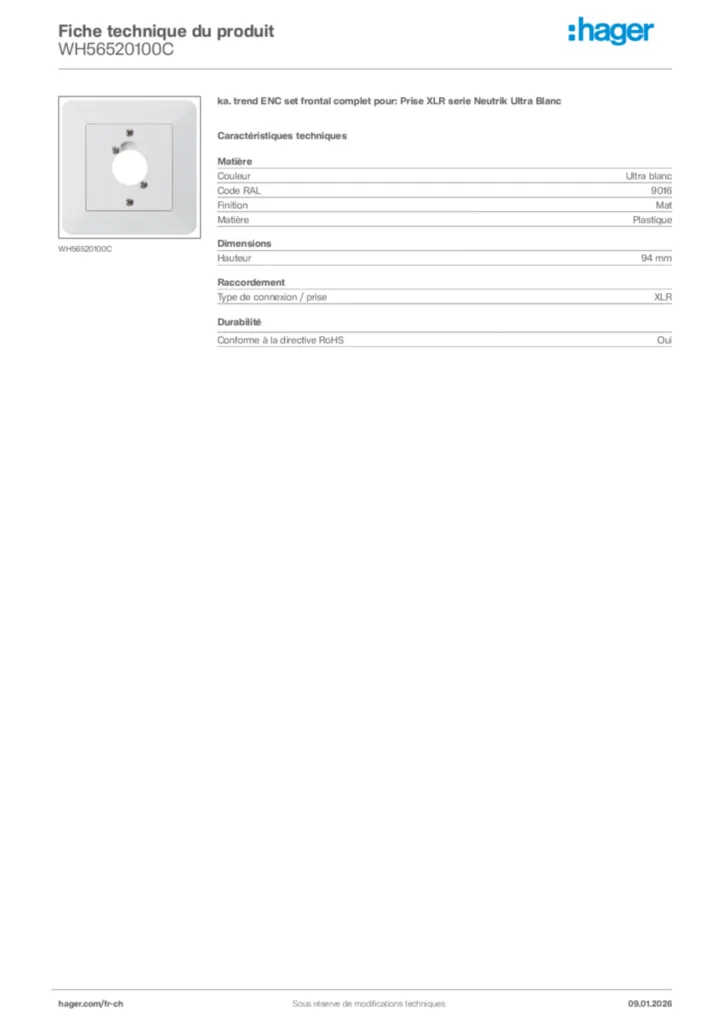 Image Hager Fiche technique du produit WH56520100C | Hager Suisse
