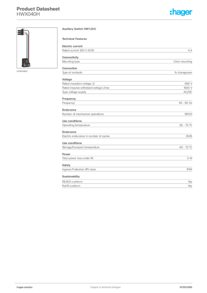 Image Hager Product data sheet HWX040H  | Hager Australia