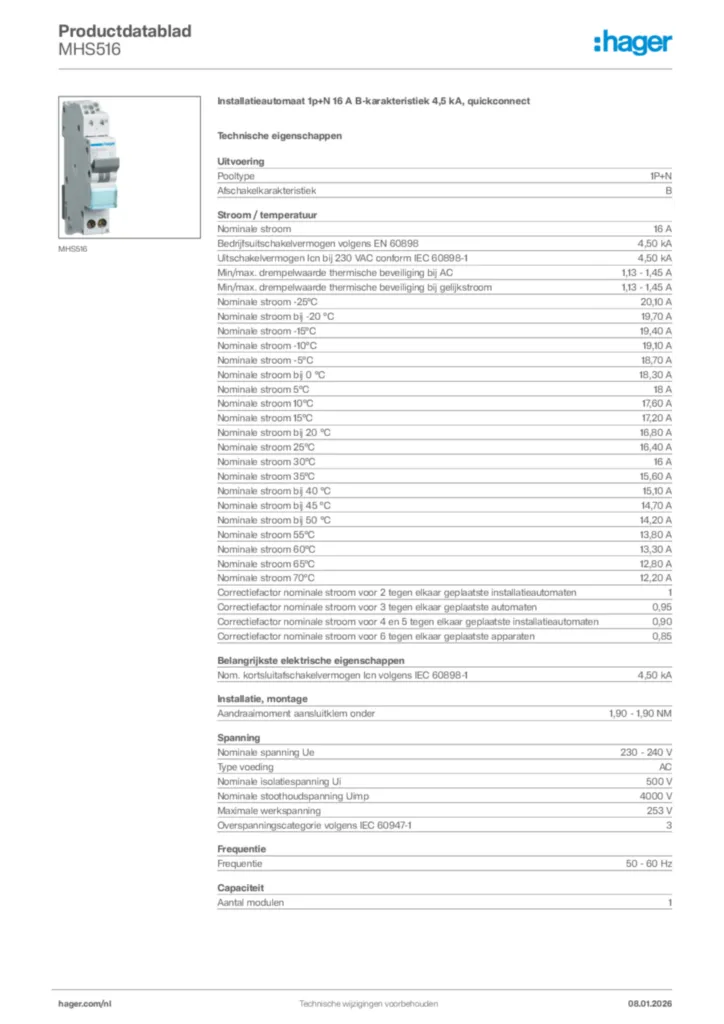 Afbeelding Hager Productdatablad MHS516 | Hager Nederland