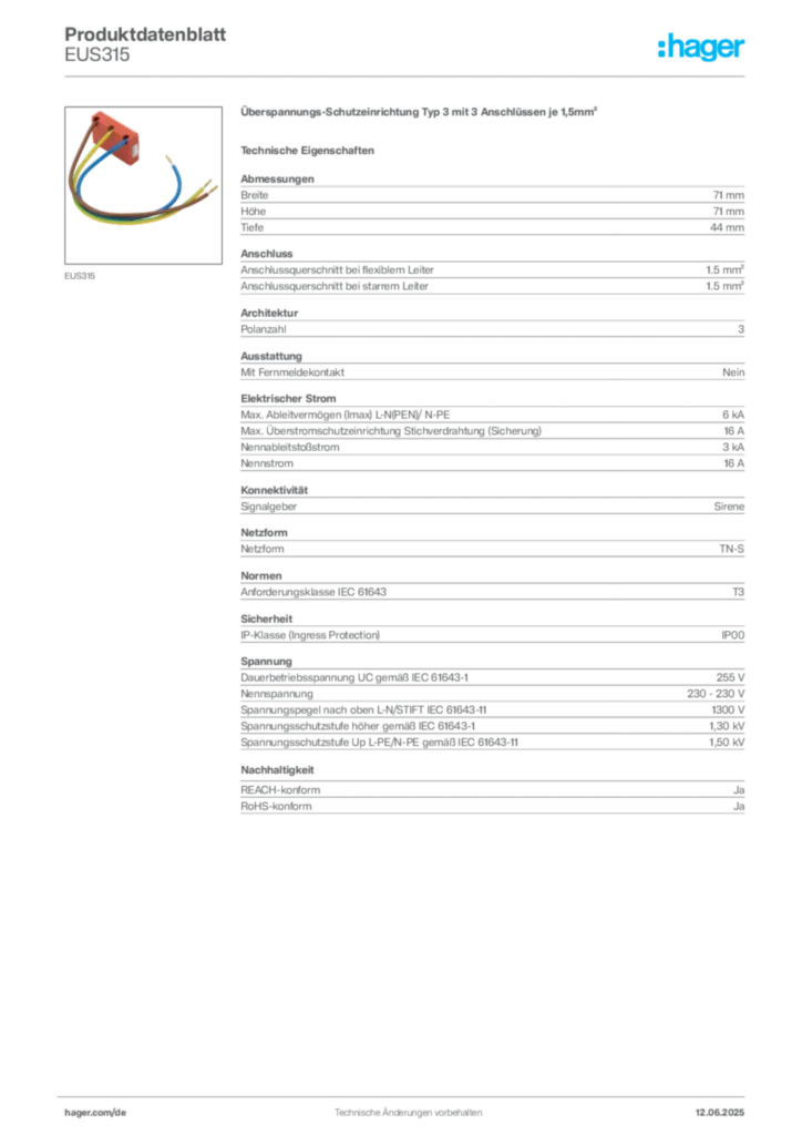 Hager Produktdatenblatt EUS315
