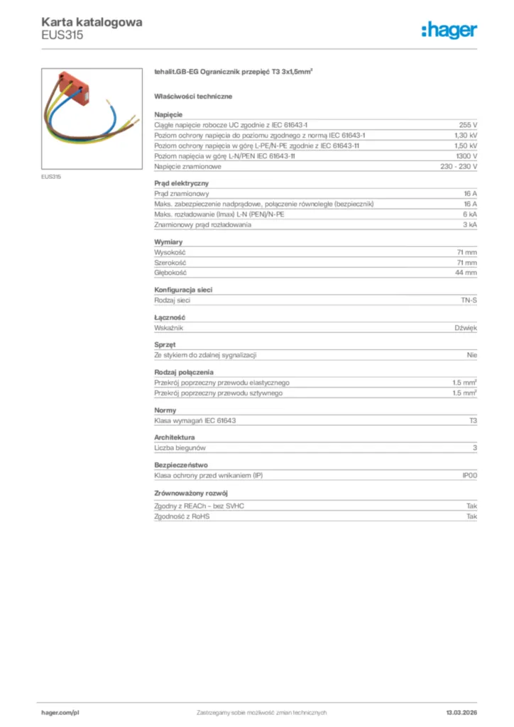 Zdjęcie Hager Karta katalogowa EUS315 | Hager Polska