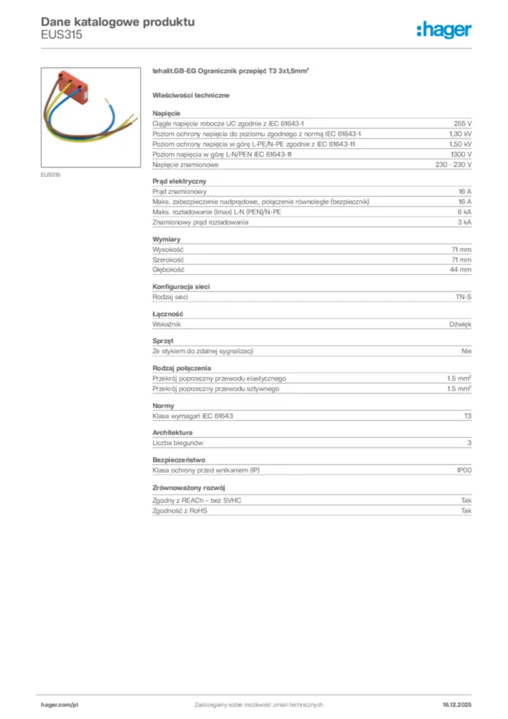 Zdjęcie Hager Karta katalogowa EUS315 | Hager Polska