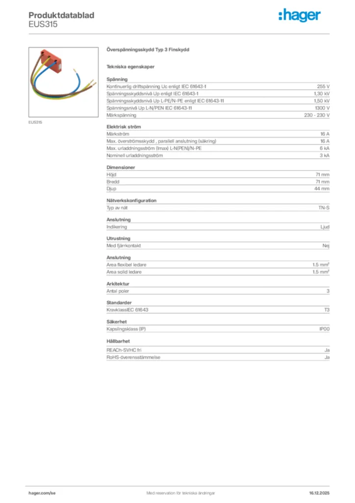Bild Hager Produktdatablad EUS315 | Hager Sverige