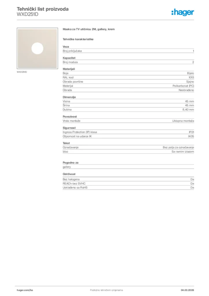 Slika Hager Tehnički list proizvoda WXD251D  | Hager