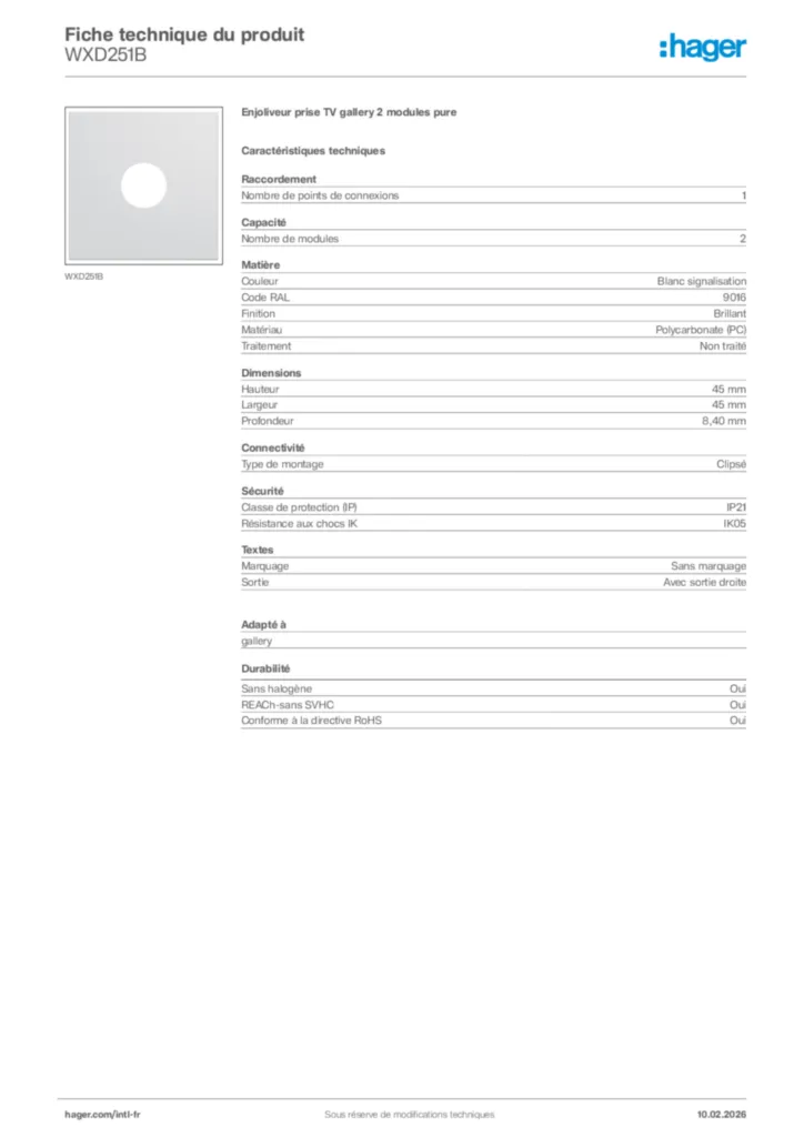 Image Hager Fiche technique du produit WXD251B | Hager Afrique