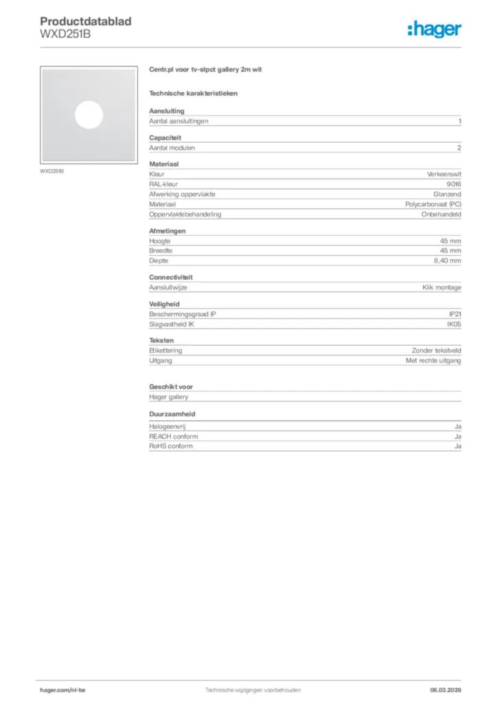 Afbeelding Hager Productdatablad WXD251B | Hager Belgium