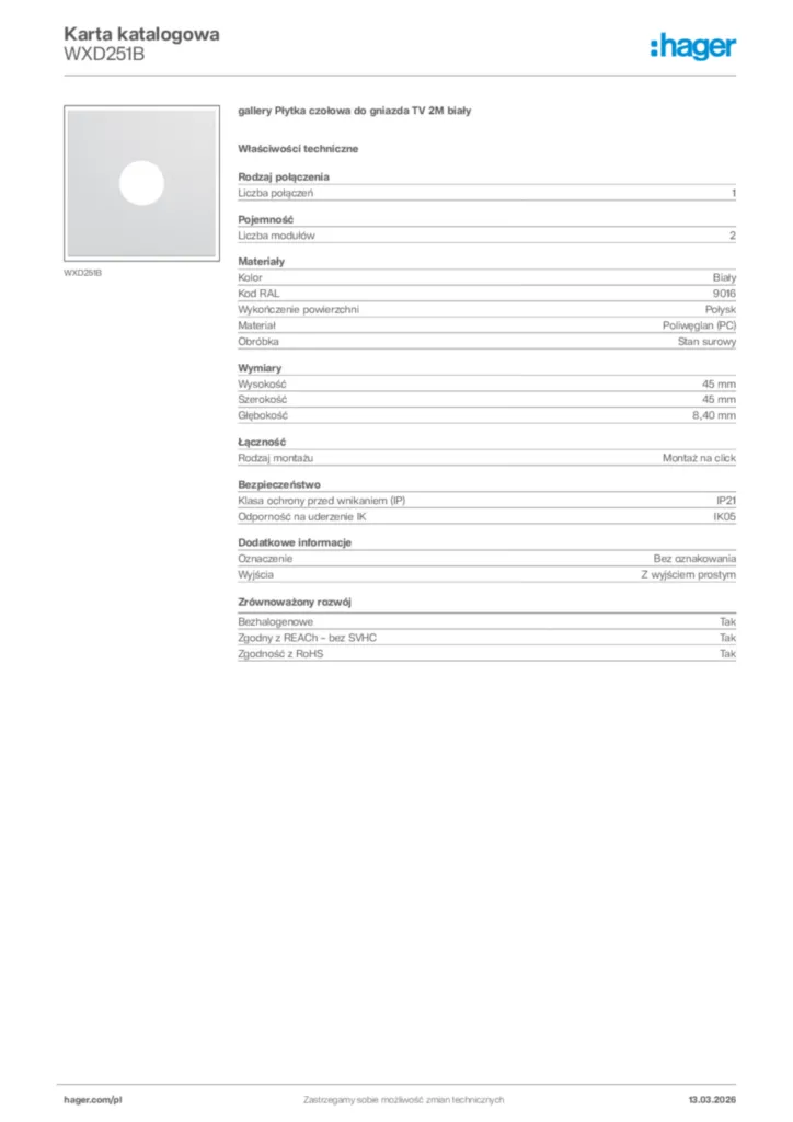 Zdjęcie Hager Karta katalogowa WXD251B | Hager Polska