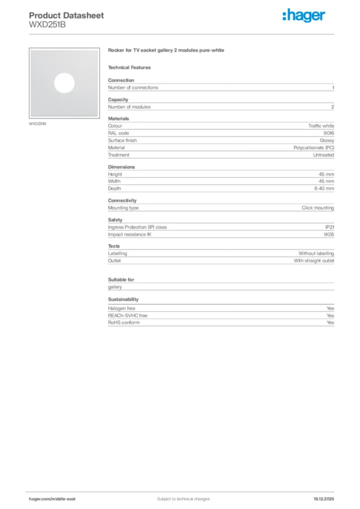Image Hager Product data sheet WXD251B  | Hager