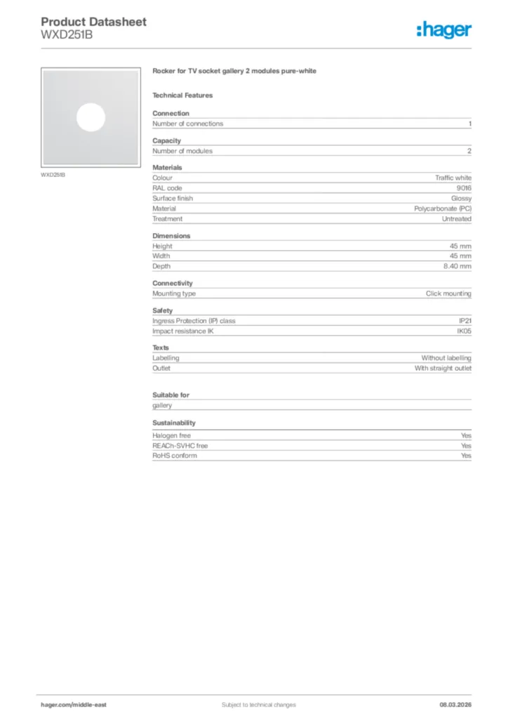Image Hager Product data sheet WXD251B  | Hager