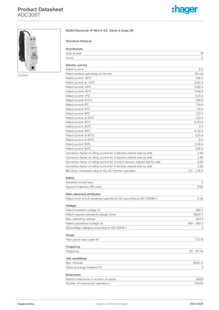 Image Hager Product data sheet ADC306T  | Hager Australia
