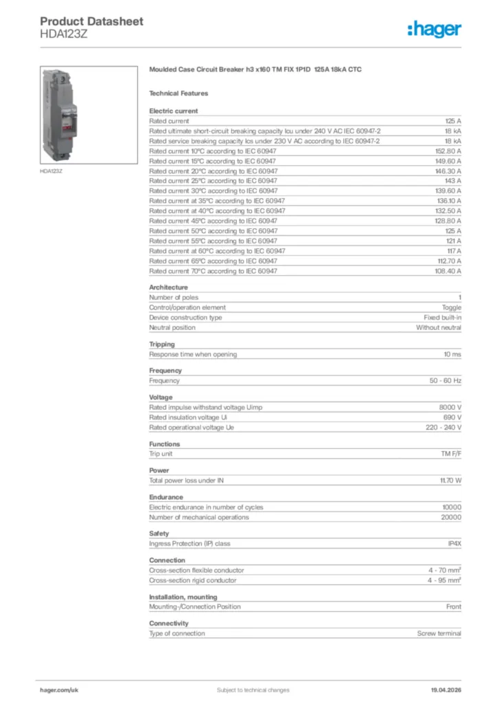 Image Hager Product data sheet HDA123Z  | Hager
