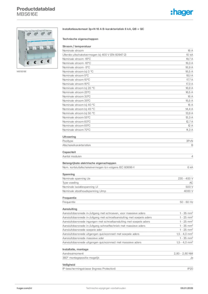 Afbeelding Hager Productdatablad MBS616E | Hager Nederland