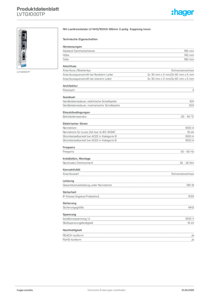 Bild Hager Produktdatenblatt LVTG1000TP | Hager Deutschland