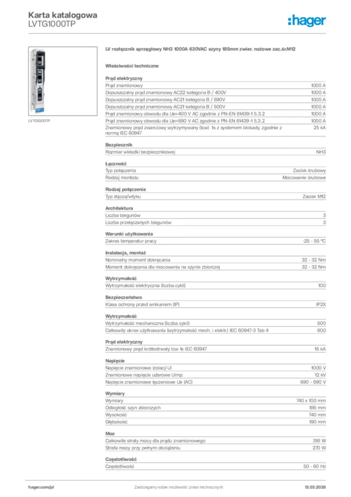 Zdjęcie Hager Karta katalogowa LVTG1000TP | Hager Polska