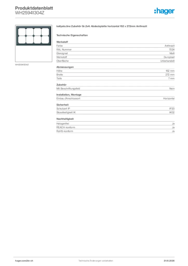 Bild Hager Produktdatenblatt WH25941304Z | Hager Schweiz