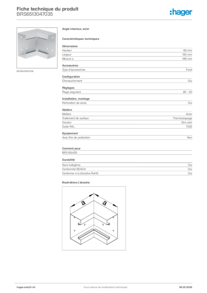 Image Hager Fiche technique du produit BRS6513047035 | Hager Suisse
