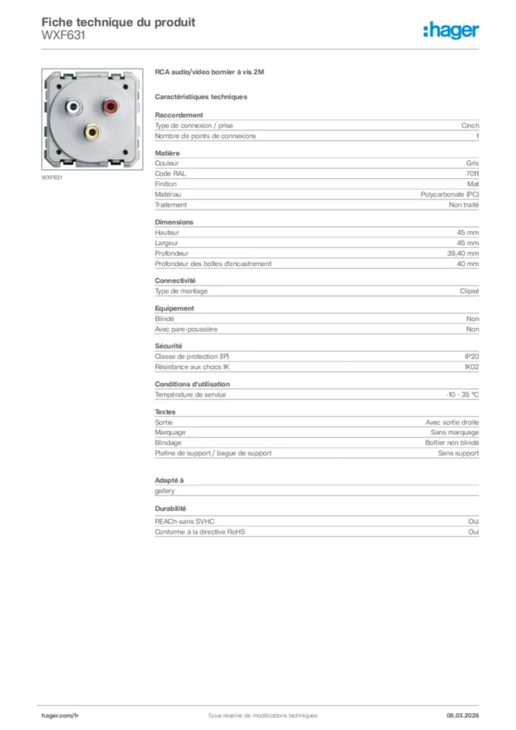 Image Hager Fiche technique du produit WXF631 | Hager France