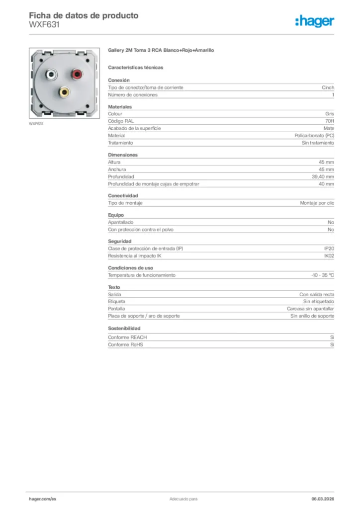 Imagen Hager Ficha de datos de producto WXF631 | Hager España
