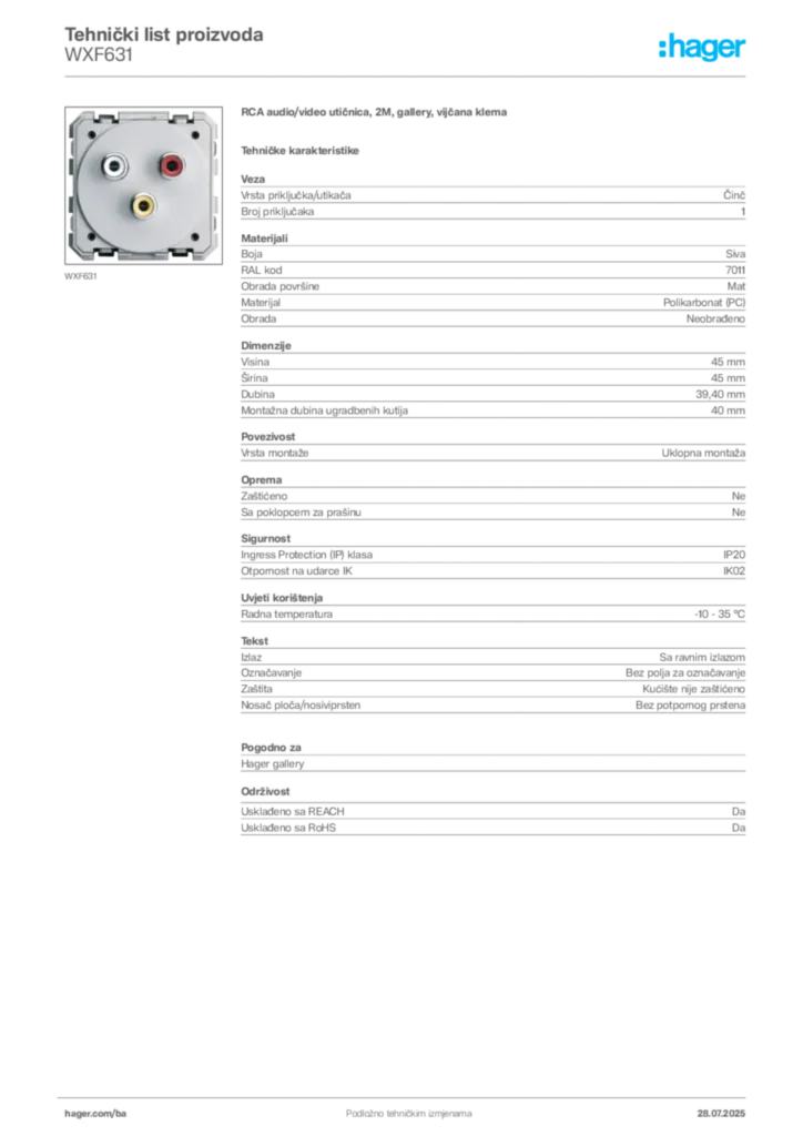 Slika Hager Product data sheet WXF631  | Hager