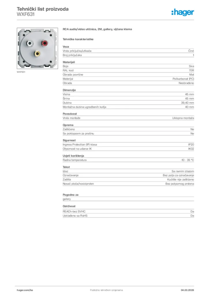 Slika Hager Tehnički list proizvoda WXF631  | Hager