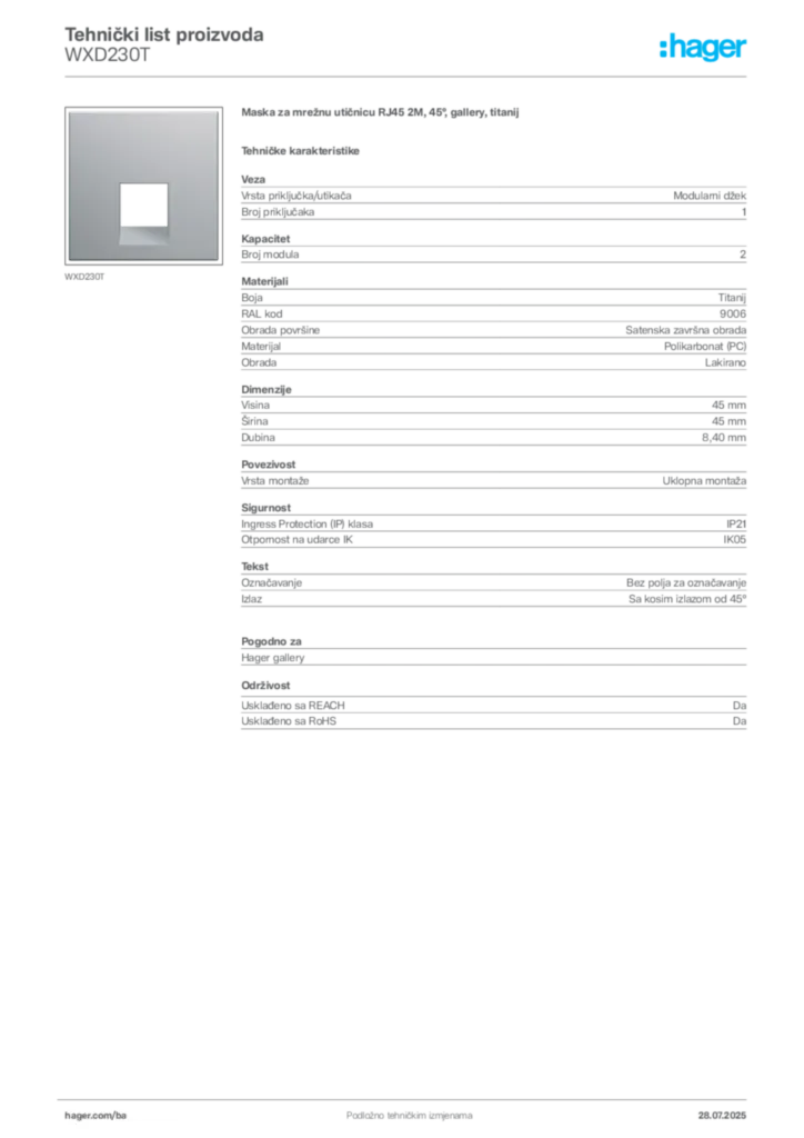 Slika Hager Product data sheet WXD230T  | Hager