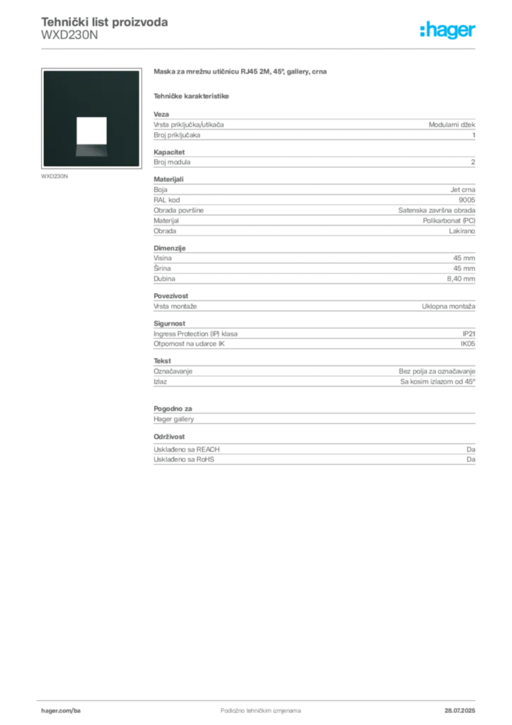Slika Hager Product data sheet WXD230N  | Hager