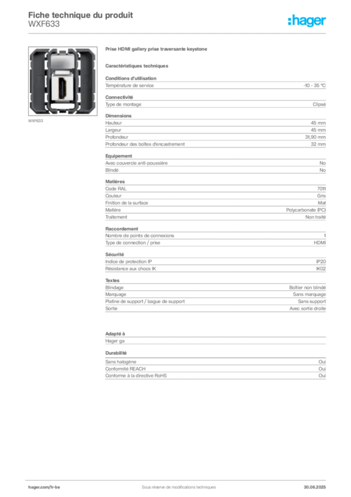 Image Hager Fiche technique du produit WXF633 | Hager Belgique