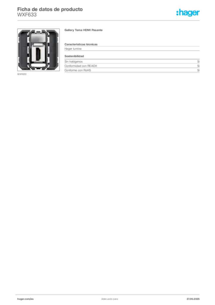 Imagen Hager Ficha de datos de producto WXF633 | Hager España