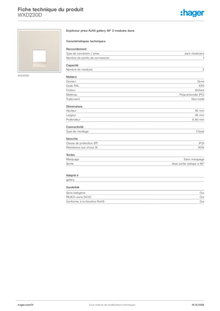 Image Hager Fiche technique du produit WXD230D | Hager France