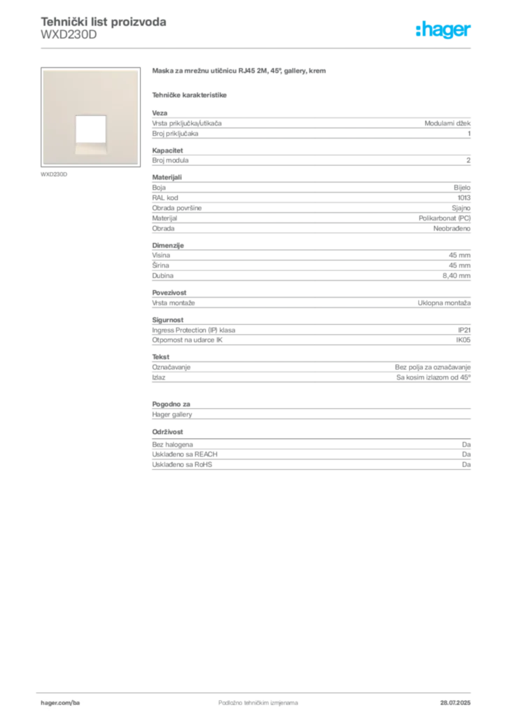 Slika Hager Product data sheet WXD230D  | Hager