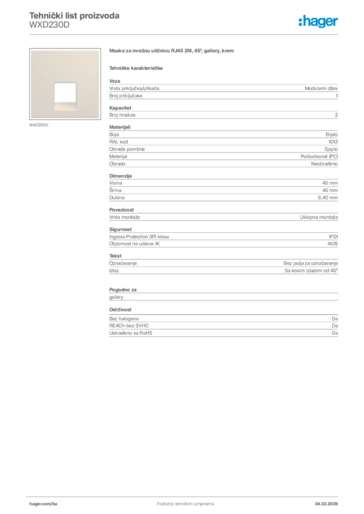 Slika Hager Tehnički list proizvoda WXD230D  | Hager