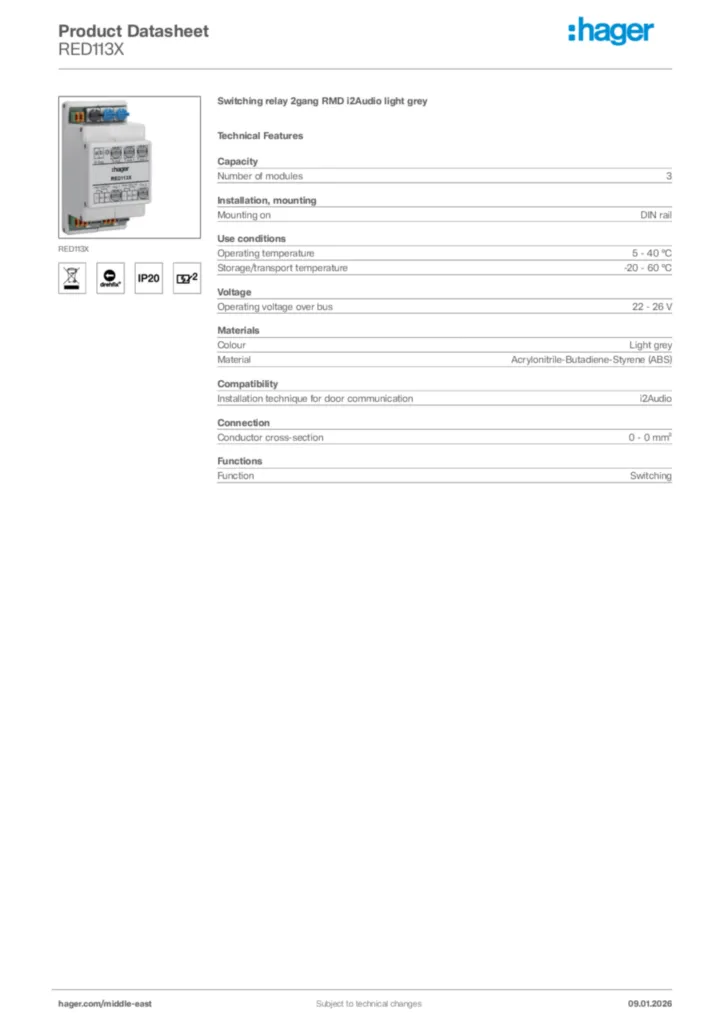 Image Hager Product data sheet RED113X  | Hager